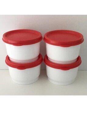 Tupperware Snack Cups 4x 4oz White Containers w/ Red Seals OR Sheer w/Pink Seals